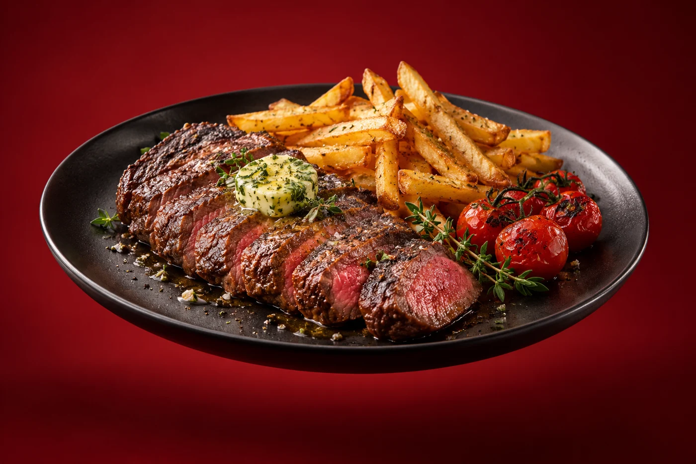 Illustrative 3D render of a steak dinner with fries and tomatoes